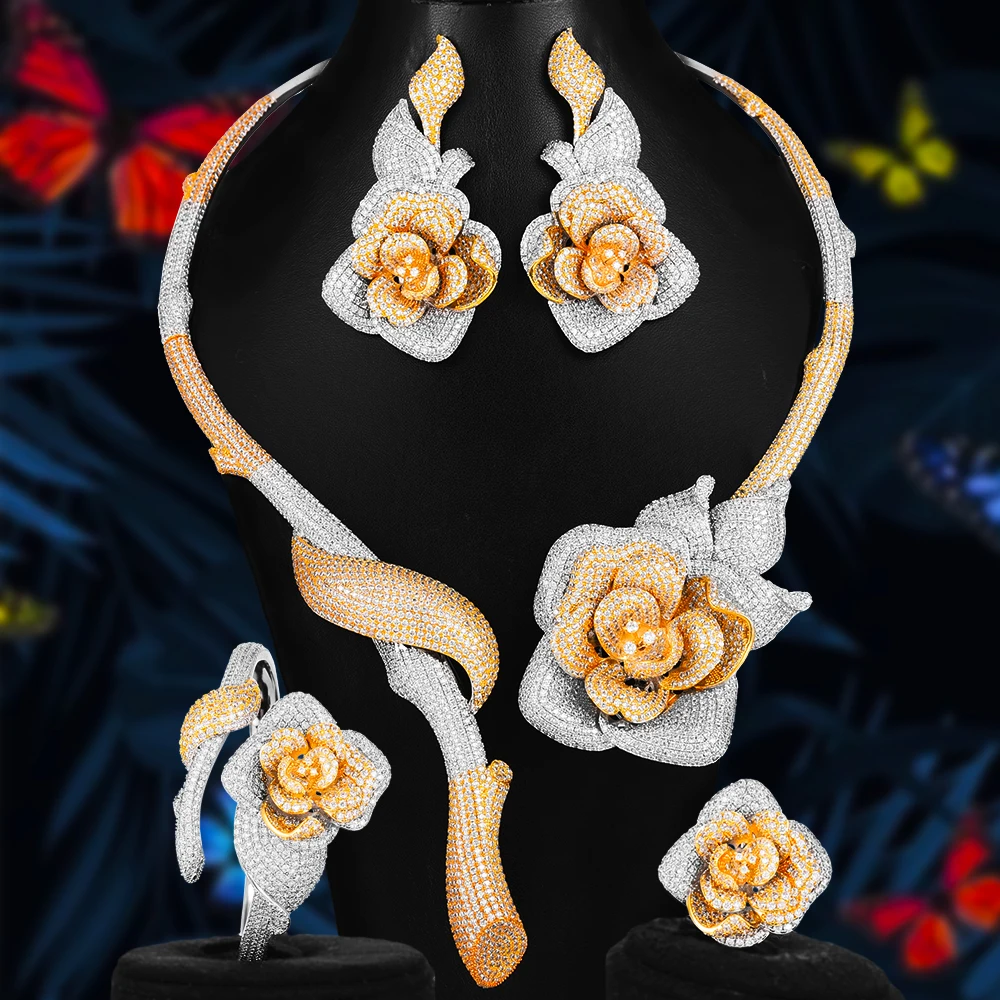 

Luxury Flower Blossom Cubic Zircon CZ Nigerian Jewelry set For Women Wedding Dubai African Bridal Jewelry Set Bohemia Jewelry