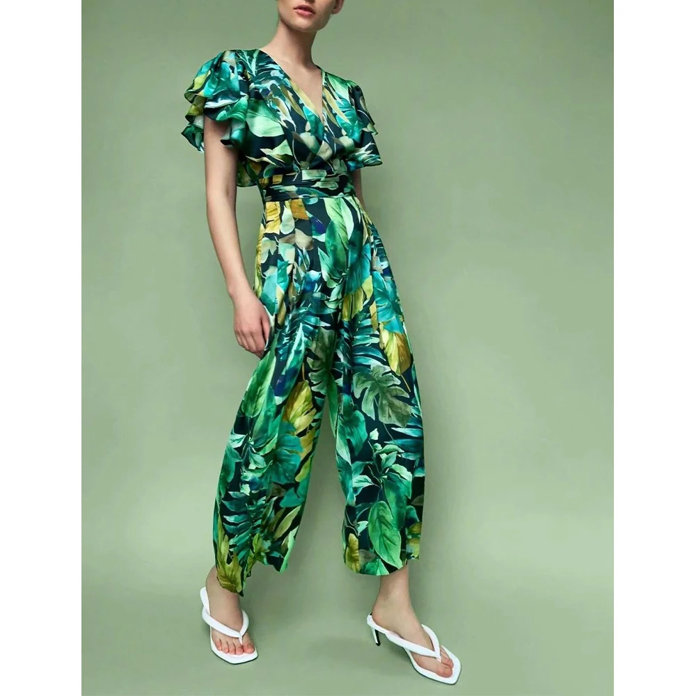 Женский Летний комбинезон в богемном стиле Зеленый цветочный принт оборки