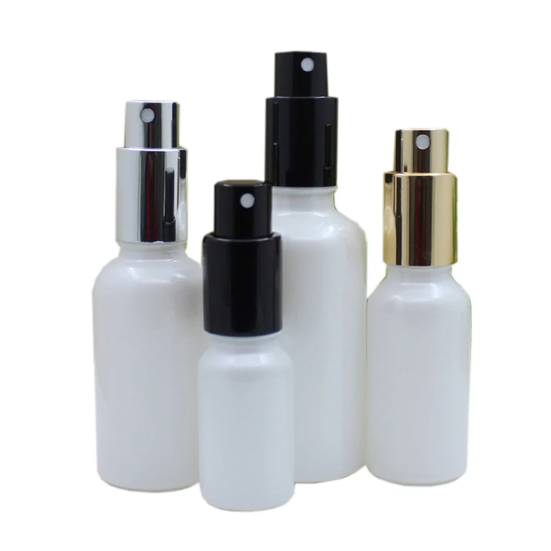 50ML White Glass Spray Bottles Gold,Silver,Black Cap,Atomizer Pump Perfume Vials Empty Cosmetic Packing Container