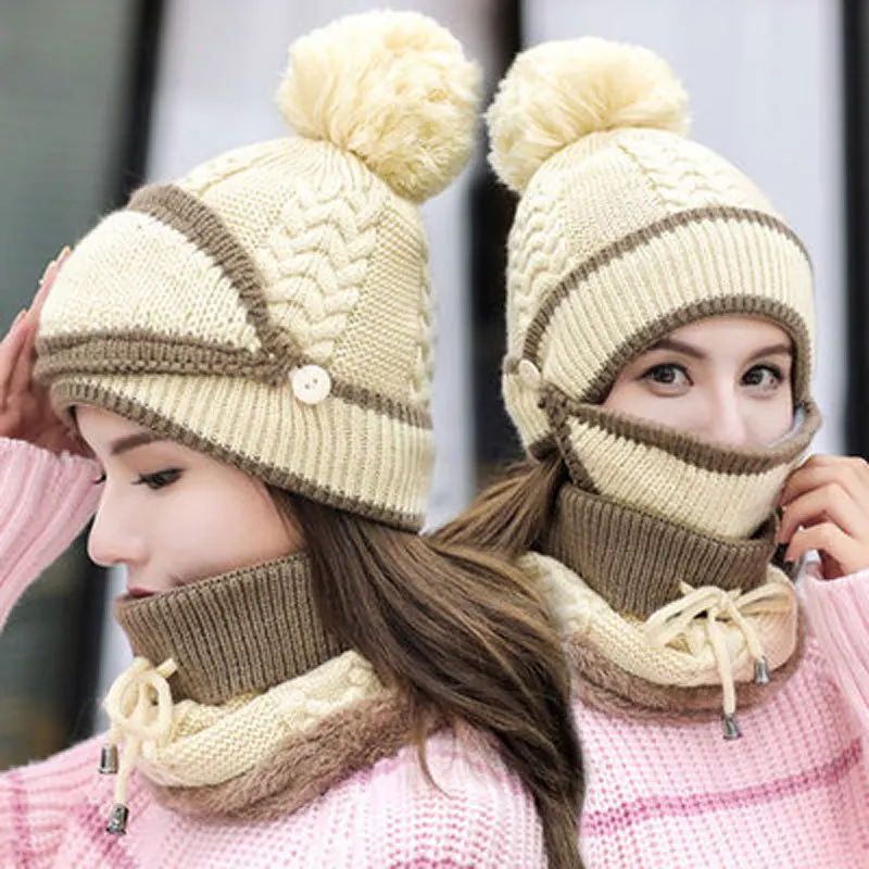 

2021 Winter Woolen Ladies Outdoor Cycling Knit Autumn and Winter Hedging Hat Warm Hat Suit Factory Wholesale Bonnets
