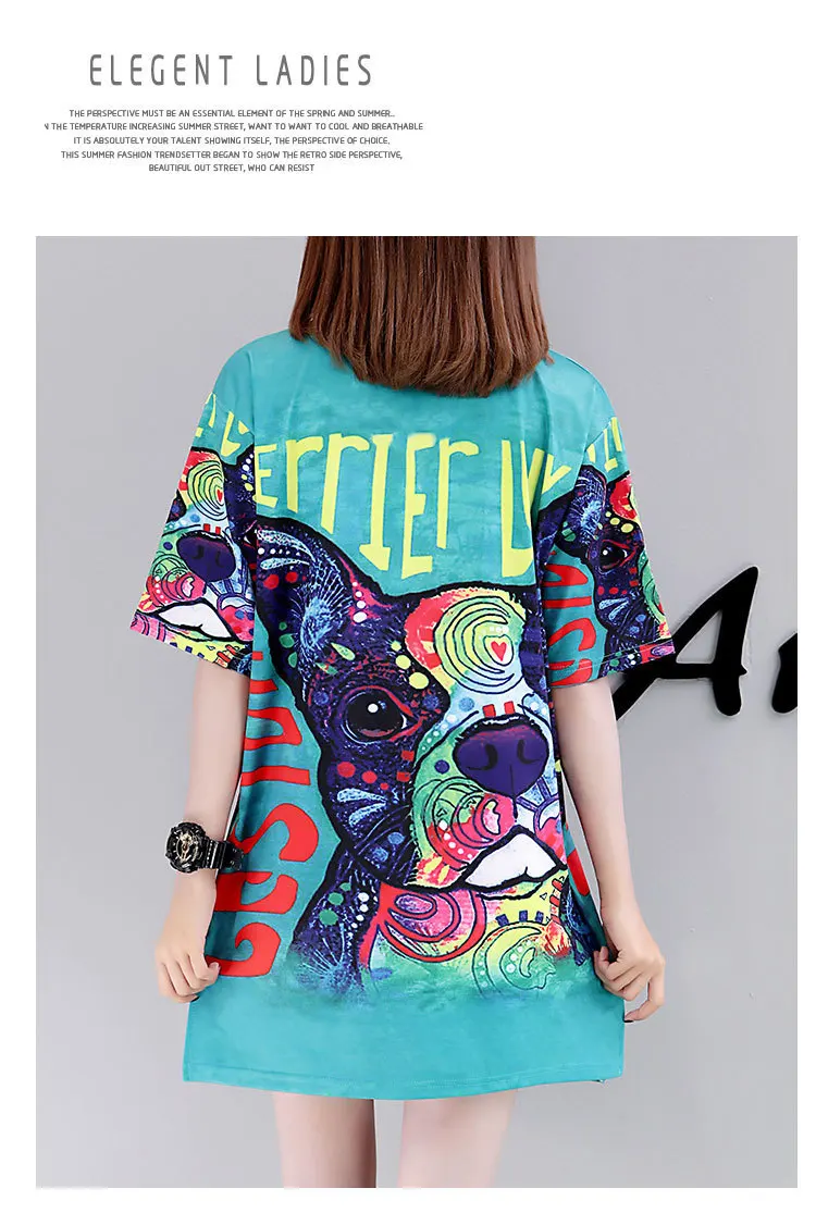 QING MO платье-футболка с принтом летняя футболка с животными Женские повседневные топы размера плюс зеленое платье с коротким рукавом Femme QF627