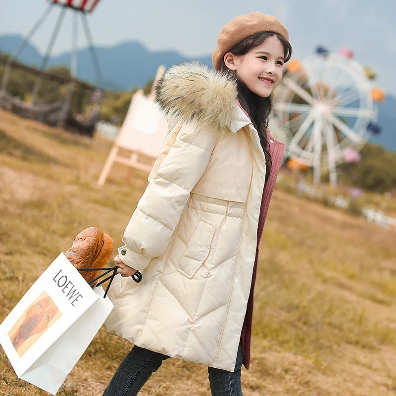 Длинное пуховое пальто для детей зимнее модное красное плотное девочек теплый