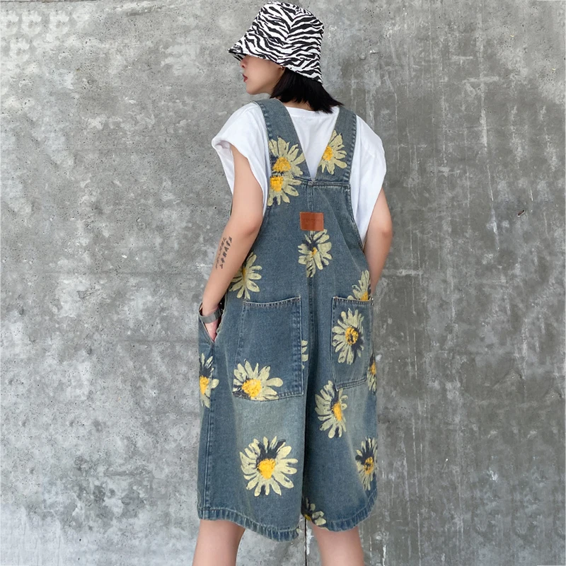 

High Waist Blue Flower Print Knee Length Overalls Trousers New Loose Fit Pants Women Fashion Spring Summer 2021 E098