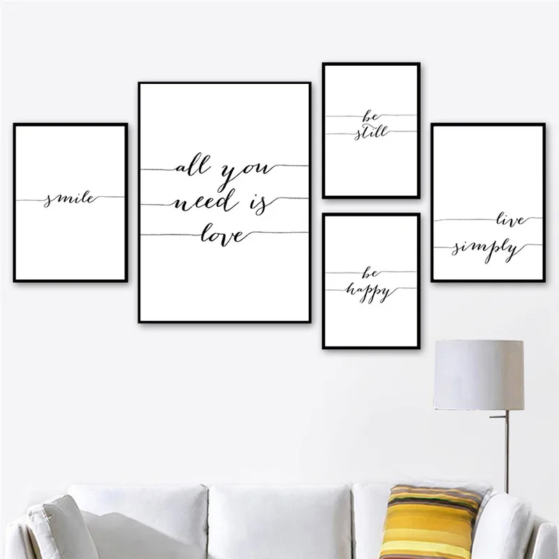 Цитаты Картины черный белый цвет Художественная печать на холсте Be Happy Плакаты