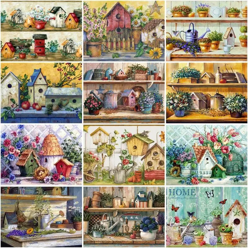 

CHENISTORY Painting By Numbers Small House Landscape Kits Handpainted Diy Picture By Number Flower Home Decor Drawing On Canvas