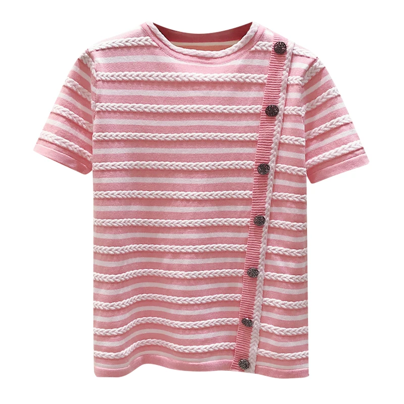 

2020 Summer Women's Short Sleeves Stripe Knitted O Neck T-Shirt Tee Girls Pullover Casual Tops Tees A2877