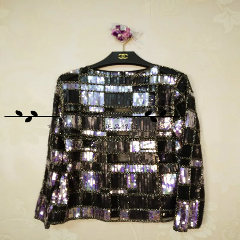 

2020 Limited Blusa Tumblr Heavy Industry Super Light Slim Perspective Network Yarn Dingzhu Wild Long-sleeved Sequins Lace Shirt