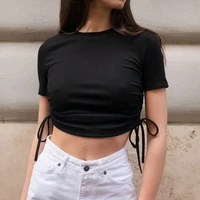 women basic casual black white tee summer drawstring crop top ribbed o neck short sleeve slim fit t shirt streetwear clothes