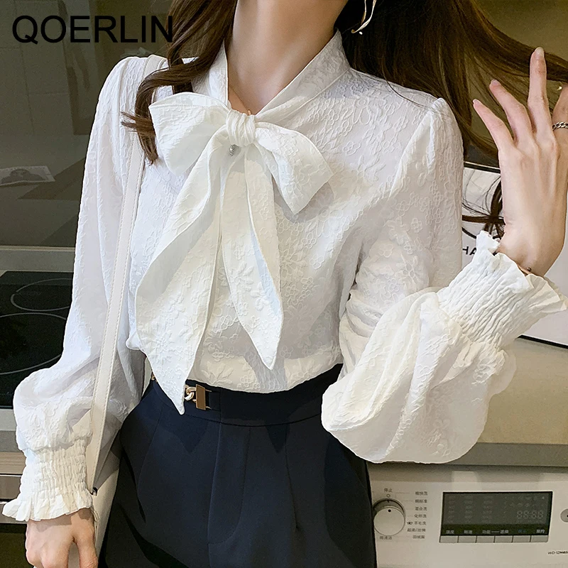 

QOERLIN Fashion Jacquard White Shirts Ladis Office Bowtie Flare Sleeve Button Up Shirts Female Plus Size Elegant Workwear Blouse