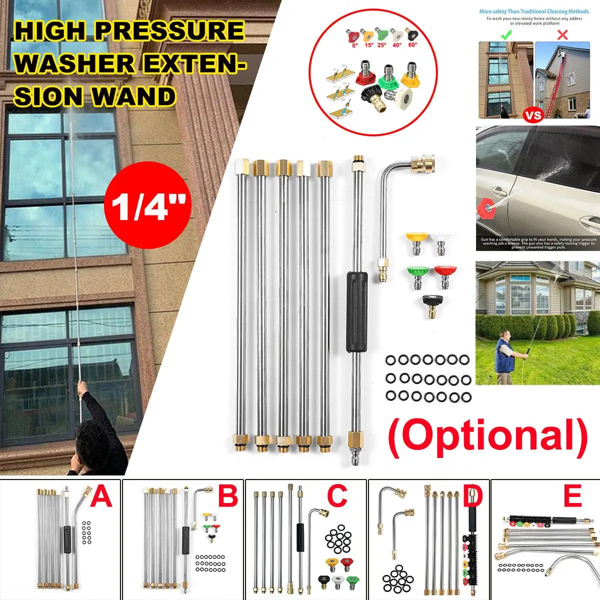 

High Pressure Car Washer Metal Jet Lance Set Water Guns 1/4" Quick Connect Extension Spray Wand with Nozzles Tip Adaptor O-Rings