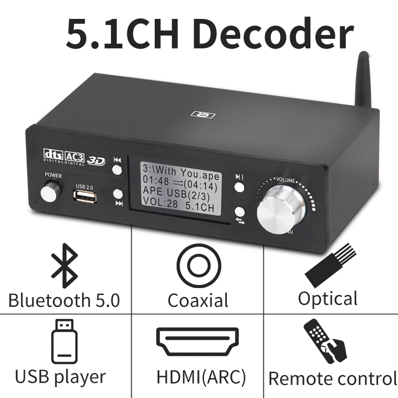 

HD920 5.1CH Audio Decoder Bluetooth 5.0 Reciever DAC DTS AC3 Dolby Atmos 4K HDMI-compatible SPDIF ARC PC USB Sound Card