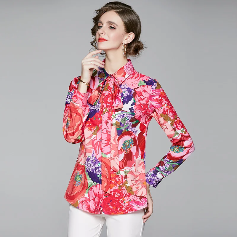 

Foreign Trade French Style Women's Fashion Clothing Fashion All-Match Waist Trimming Printing Shirt Women Tops
