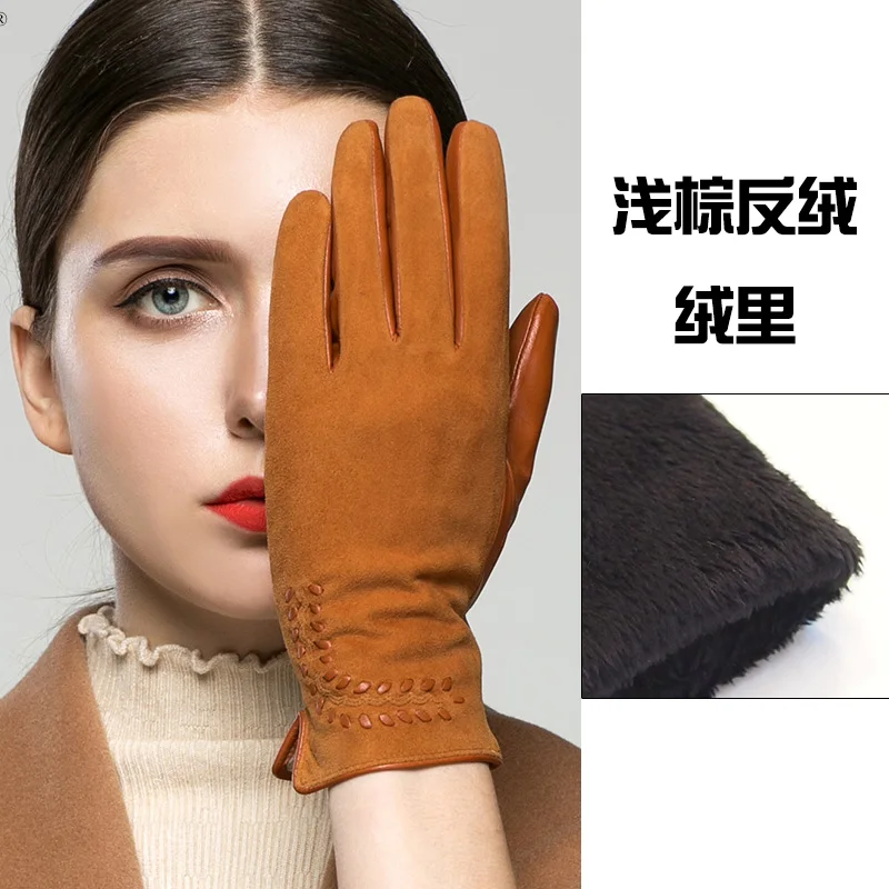 light brown suede Перчатки из натуральной кожи женские зимние теплые бархатные утепленные высококачественные кожаные перчатки для вождения K2303 - Цвет: light brown suede