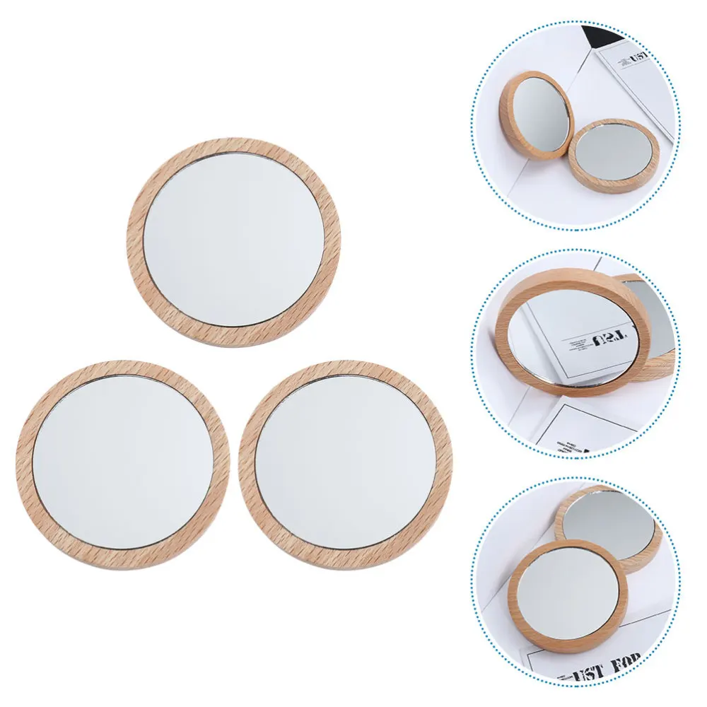 

3Pcs Handheld Makeup Mirror Small Round Mirror with Wood Frame for Girls