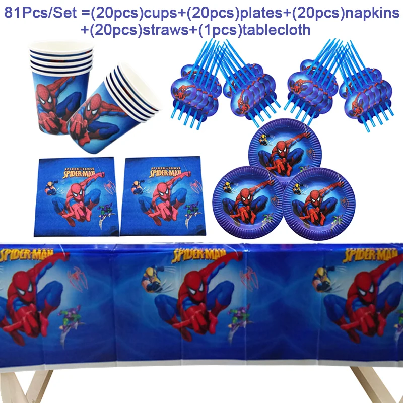 

Blue SpiderMan Theme Kids Birthday Party Cups Plates Tablecloth Straws Baby Shower Party Decoration Spiderman Supplies For Boys