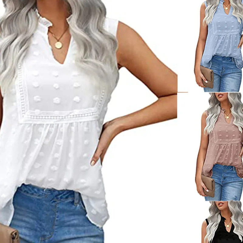 

2021 Summer New Fashion Loose Solid Casual Ladies V Neck Sleeveless Tops Camisole Tshirt Dots Patchwork Basic Women Tees Ladies