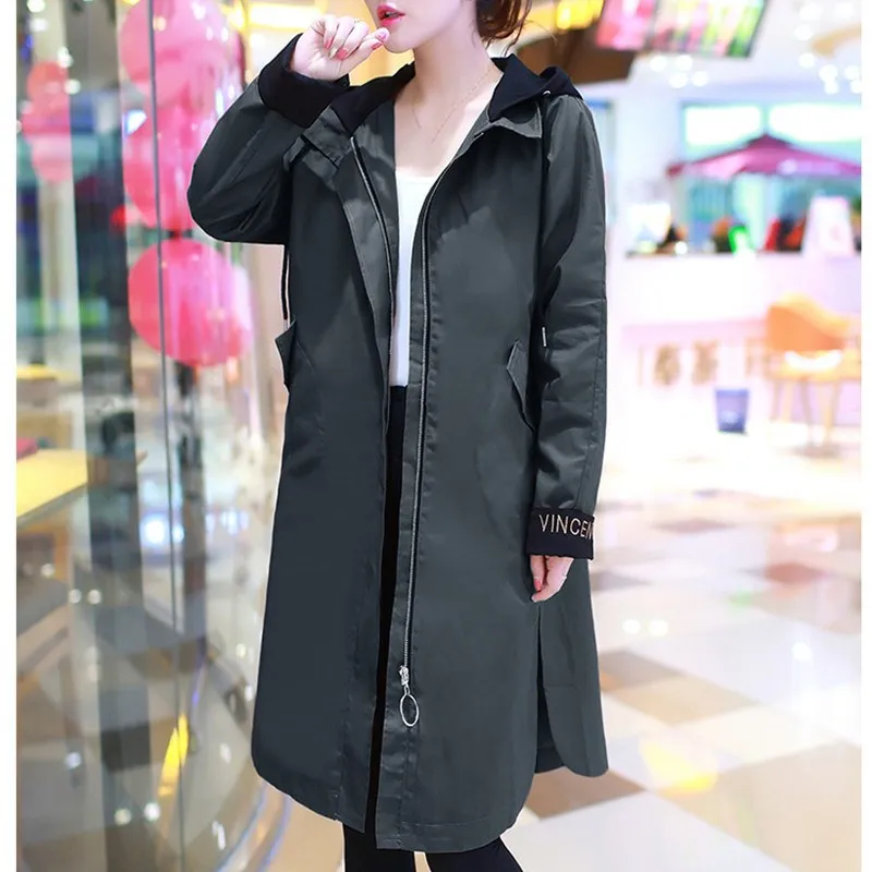 Женский плащ с капюшоном повседневное пальто средней длины цвета хаки