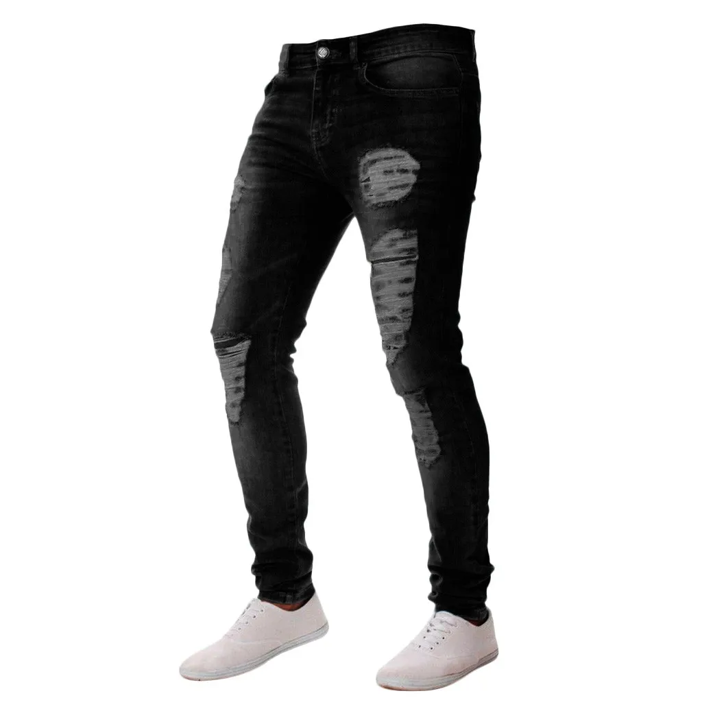 Мужские джинсы на молнии классические с потертостями повседневные обтягивающие