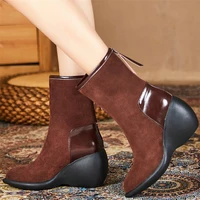 high top winter booties women genuine leather chunky high heels ankle boots female pointed toe platform pumps shoes casual shoes