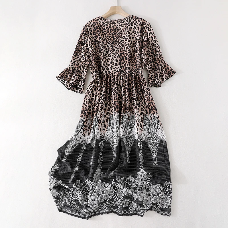 

Summer Dress Women Fashion Pure Silk V-Neck Seven Points Sleeve Mid Long Style Corset Skirt Leopard Print On Upper Body