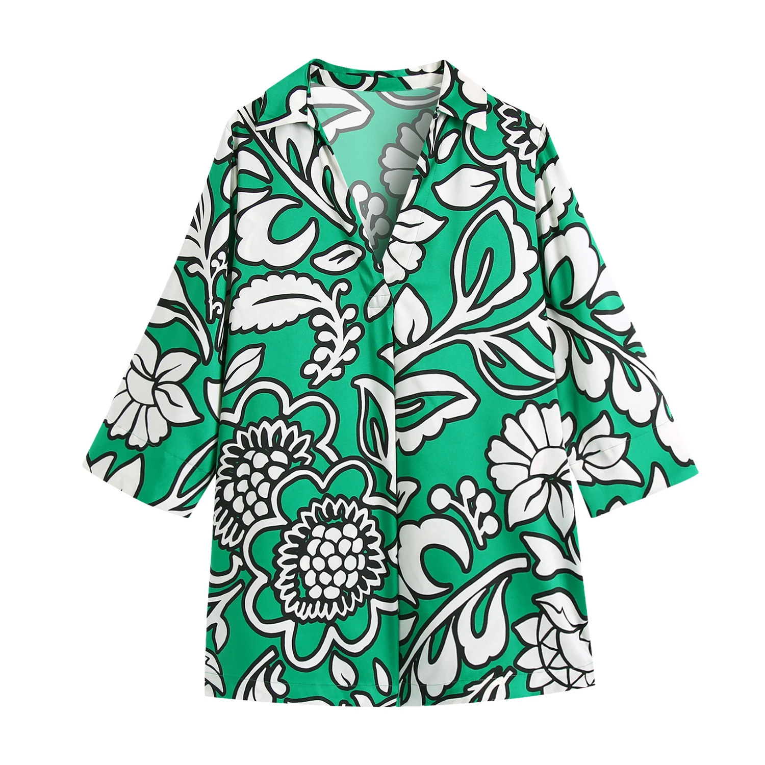 

KRSB 2021 Summer Women's Green Print Long Loose Shirt Lapel Single-Breasted Long-Sleeved Comfortable Za Top Casual British Style