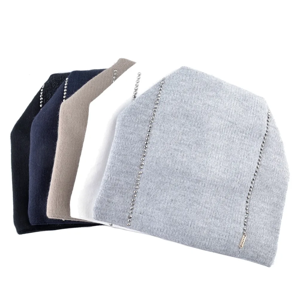 Winter Beanie Women Knitted Wool Hats Female Fashion Skullies Beanies With Rhinestones Solid Color Warm Knit Bonnet Ladies Cap