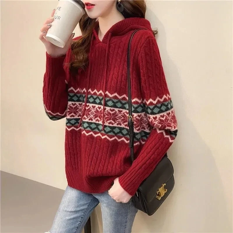 

2021 New Spring Autumn Vintage Wear Korean Fashion Hooded Splicing Sweaters Loose Long Sleeve Tops Knitting Harajuku Pullovers
