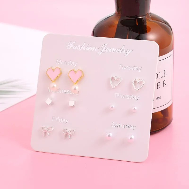 6 Pairs/set, New Earrings for Women Stars Heart Crytal Cute Earrings Fashion Jewelry Monday To Saturday 6 Pairs Earrings