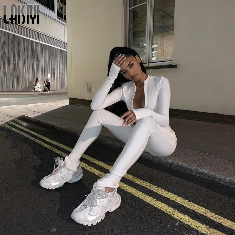 Женский спортивный комбинезон LAISIYI повседневный облегающий однотонный на молнии