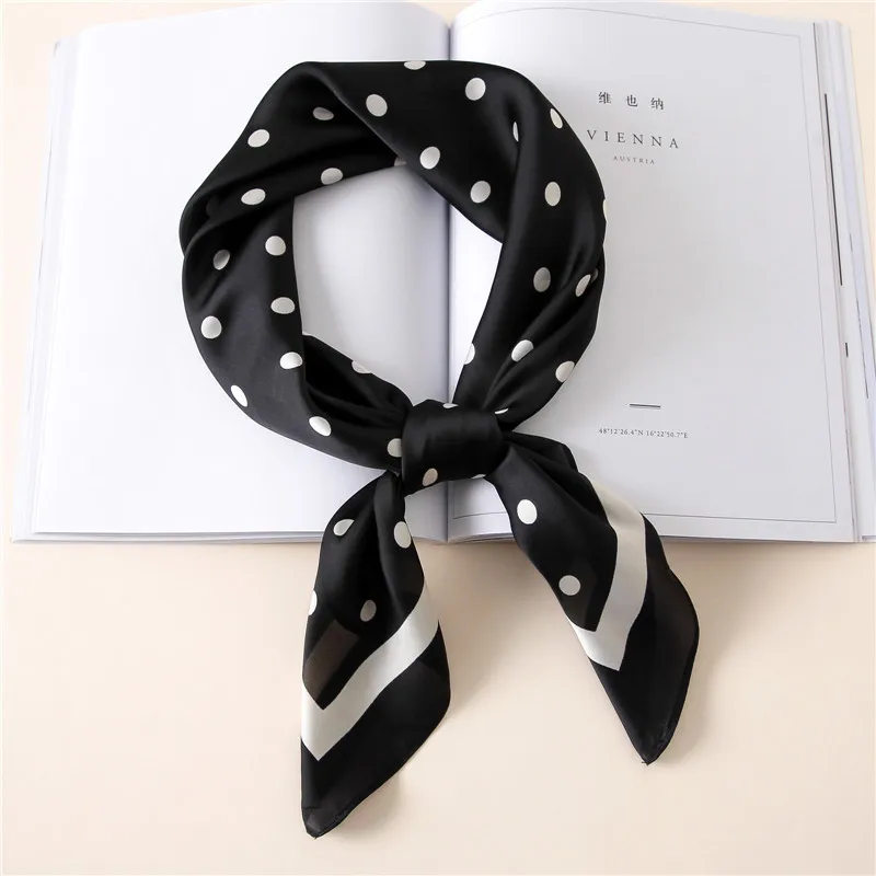 

2021 Luxury Brand Square Silk Scarf Women Loop Polka Dot Shawls and Wraps Fashion Bag Scarves Hair Tie Bandanas Hijab 70*70Cm