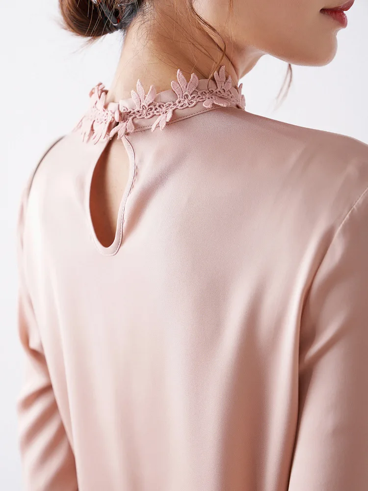 売る 新しいスパイラル刺繍レースヘビーシルクブラウス長袖シャツ桑シルクシャツ