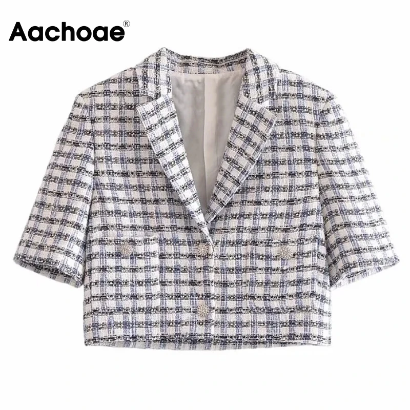 

Женский твидовый укороченный пиджак Aachoae, однобортный пиджак с короткими рукавами и карманами, Модный женский винтажный топ с английским во...