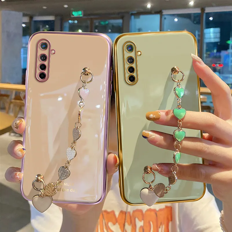 wrist chain love heart phone case for oppo realme xt luxury camera protective cover realme x2 x3 superzoom 7 6 pro silicone case free global shipping