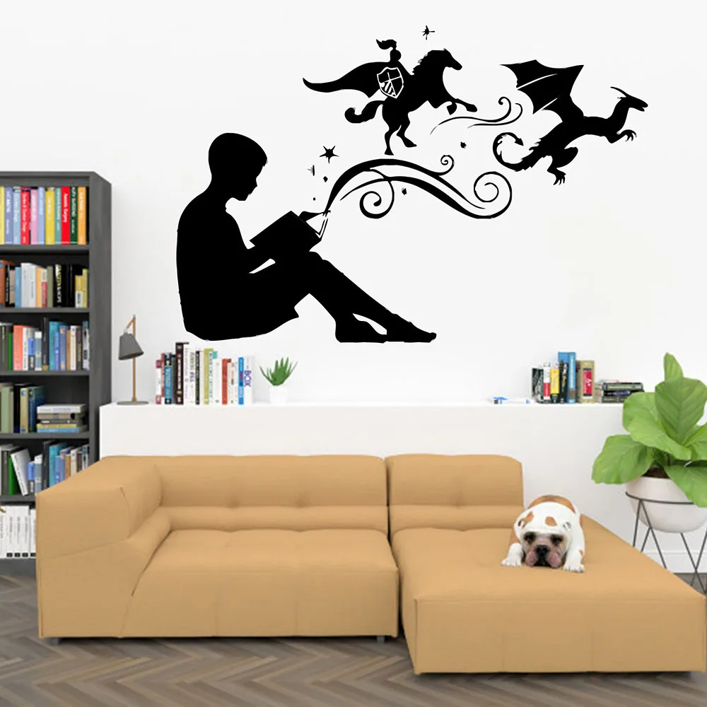

Read Book Wall Decal Fantasy Story Knight Dragon Art Vinyl Window Stickers Reading Room Bookstore Interior Decor Boys Mural E005