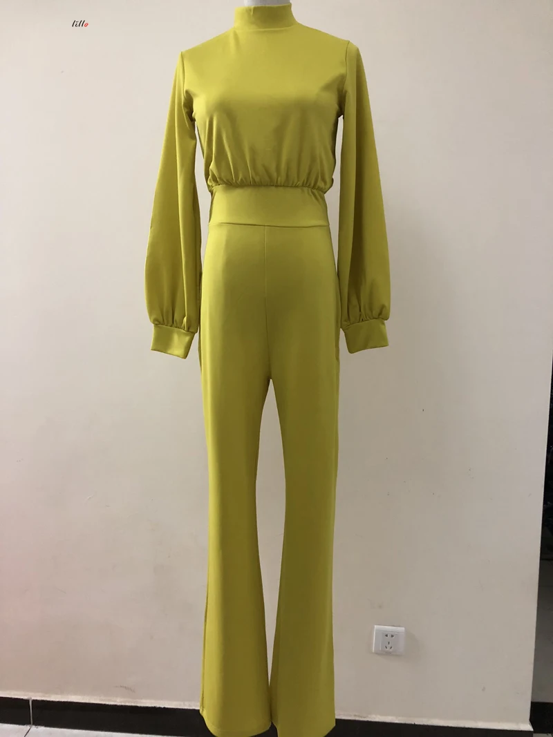 High Street Boot Cut Spring and summer new half-high collar lantern sleeves simple and elegant OL wind jumpsuit fashion temperam