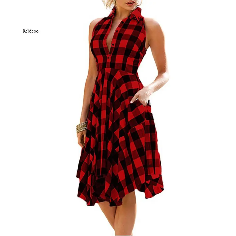 

Платье-миди женское клетчатое на пуговицах, без рукавов