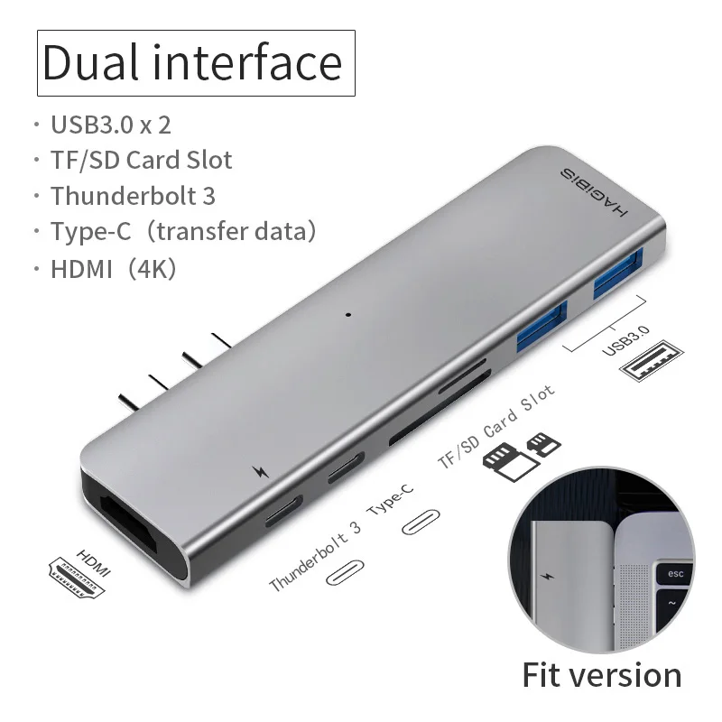 Hagibis 7-в-1 двойной USB-C концентратор Тип-C USB HUB адаптер USB-C к HDMI SD/TF Card Reader PD зарядки 4 к HD для MacBook Pro USB 3,0 концентратор - Цвет: New fit version