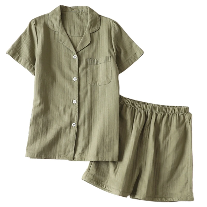 

Women 2Pcs Pajamas Set Short Sleeve Lapel Top Shorts Solid Color Loose Sleepwear X3UE