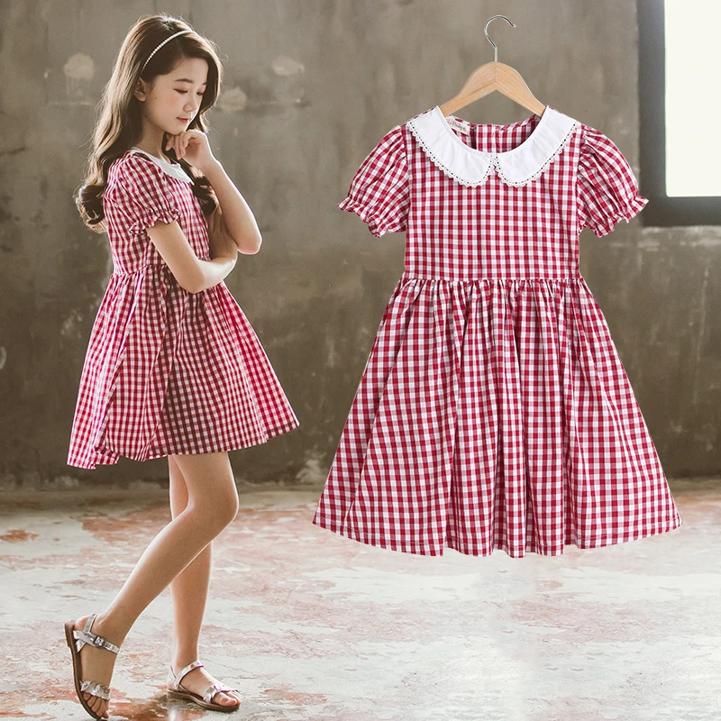 

Летний сарафан для девочек, модное клетчатое платье, Детские хлопковые мини-платья с пышными рукавами, милая повседневная одежда для подрос...