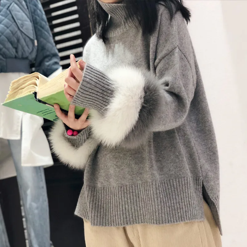 Женский пуловер с кроличьим мехом свободный толстый вязаный свитер в стиле