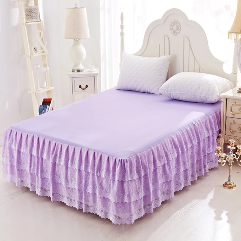 

Three-layers Princess Lace Bed Skirt Solid Purple Bed Skirt Warm Ruffle Bed Cover Bedspread Mattress Full Twin Queen King Size