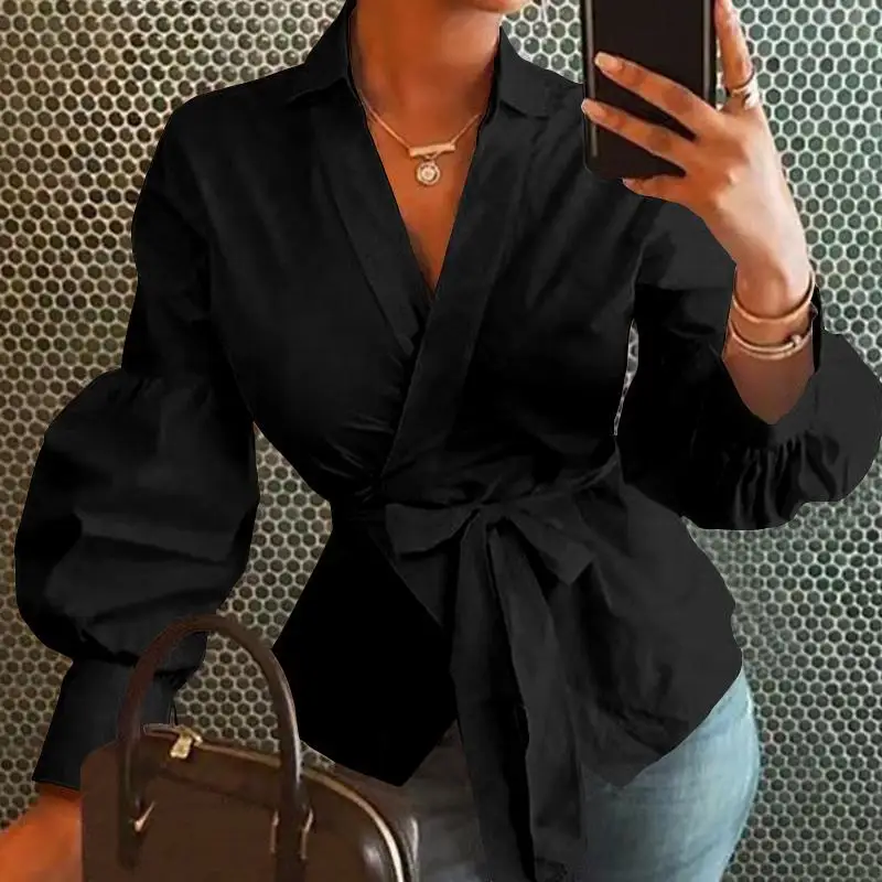 

Fall 2019 Long Sleeve Fashion Women V Neck Tops And Blouses blusas mujer de moda Bandage Women Tops Streetwear Outfits Clothes