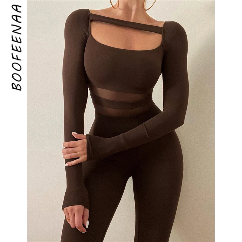 

BOOFEENAA Sexy Long Sleeve Bodycon Jumpsuit Sportswear Hollow Out Mesh Patchwork One Piece Outfit Women Wholesale Items C87-CF31