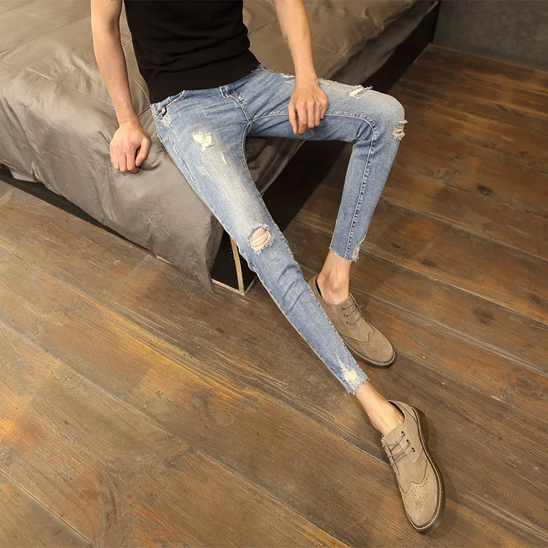 

Hot 2021 Fasshion Ripped feet pants men's ankle length pants summer thin all-match light blue Korean jeans men's pencil pants