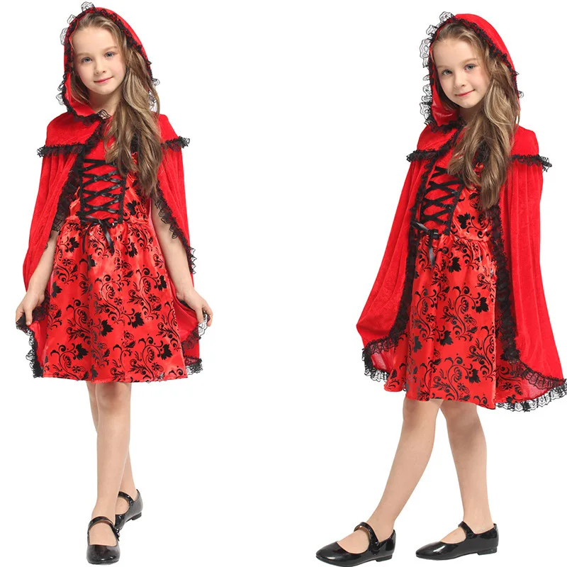 

Kids Girls Fairy Tales Red Dresses Cloak Outfit Halloween Cosplay Costumes Masquerade Carnival Party Role Play Dress Up Suit
