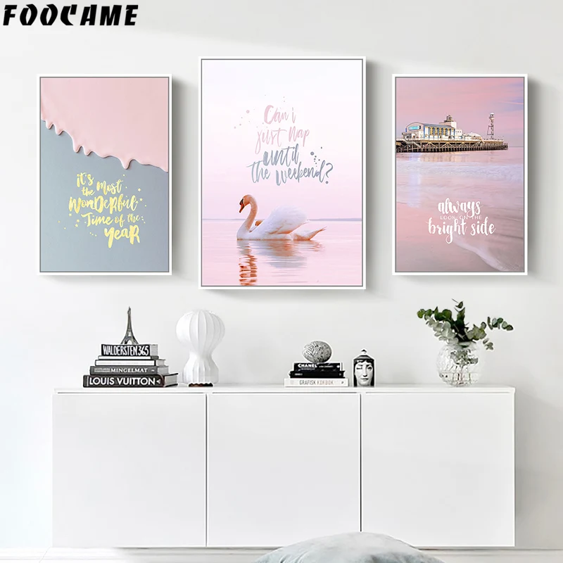 Розовый Лебединое озеро море скандинавский плакат настенный художественный