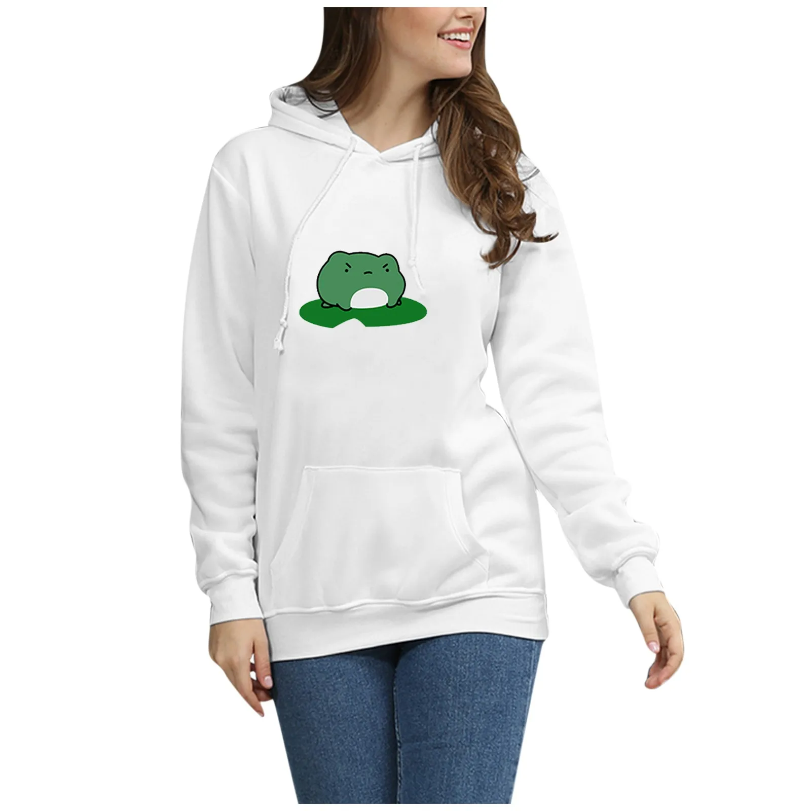 Frog Hoodies Women Girls Solid Color Japanese Harajuku Casual Long Sleeve Print Pullover Hoodie Sweatshirt Tops Blouse Oversized