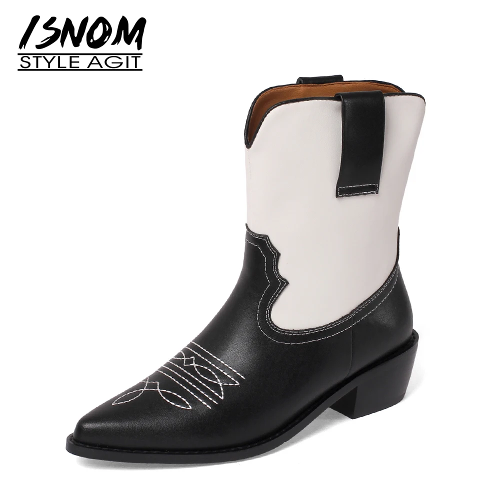 

ISNOM Genuine Leather Women Ankle Boots Mixed Color Pointed Toe Chunky Heel Female Embroider Winter Boots Cowboy Western Boots