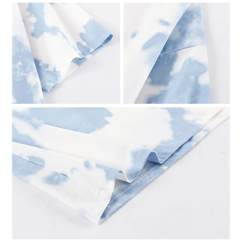 

Anti-wrinkle Cotton Tees Women Tie Dye Street Style Loose O-Neck Tops Blue & Pink Fashion T-shirt for Lady Knitted Short Sleeve