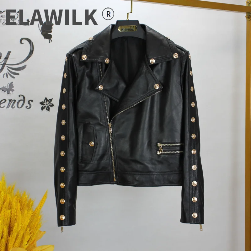 

Europe Style Women's High Quality Sheepskin Genuine leather Buttons Biker Jackets C914